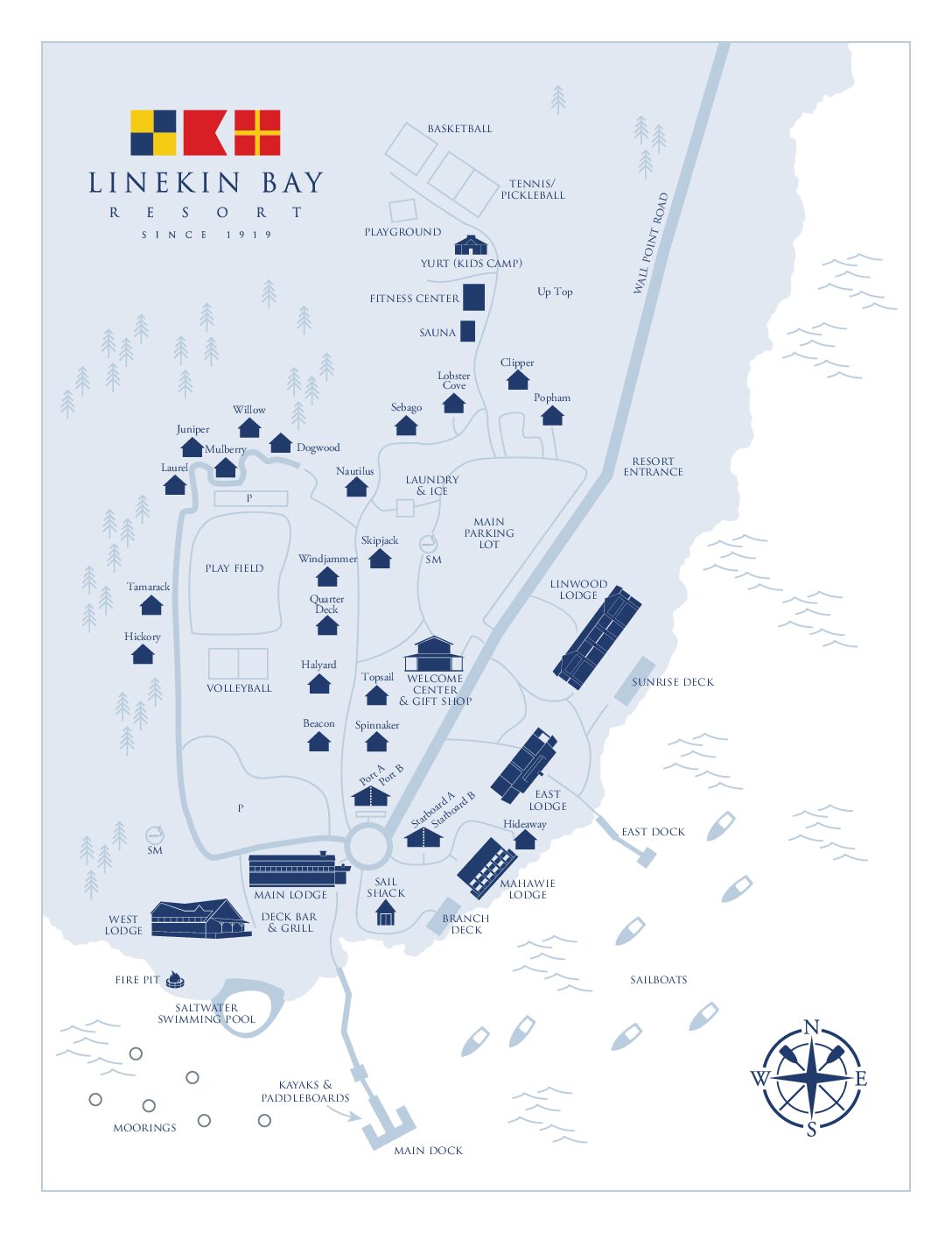 a blue and white map of Linekin Bay resort showing building locations